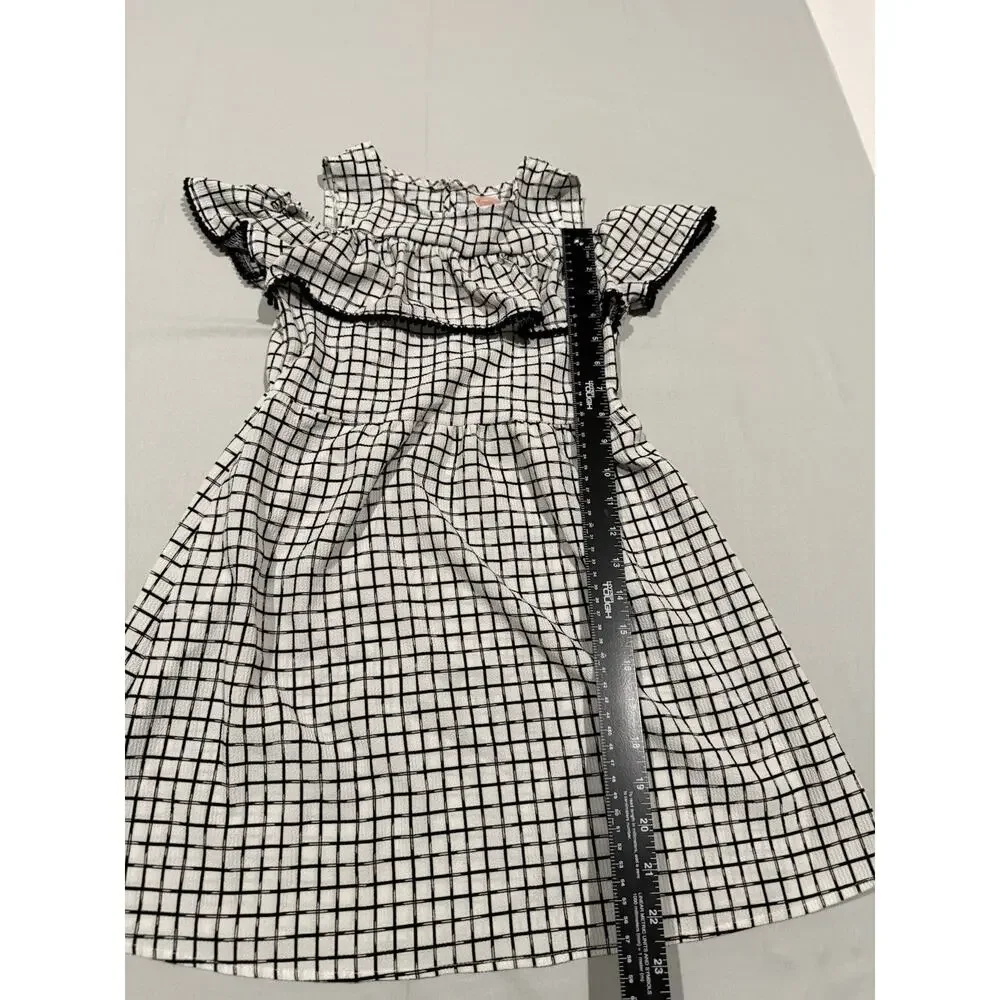 Wonder Nation Girls M (7-8) Black White Check A-Line Cold Shoulder Ruffle Dress